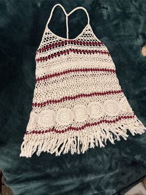 Full Tilt Crochet Fringe Tank Top in Cream and Burgundy